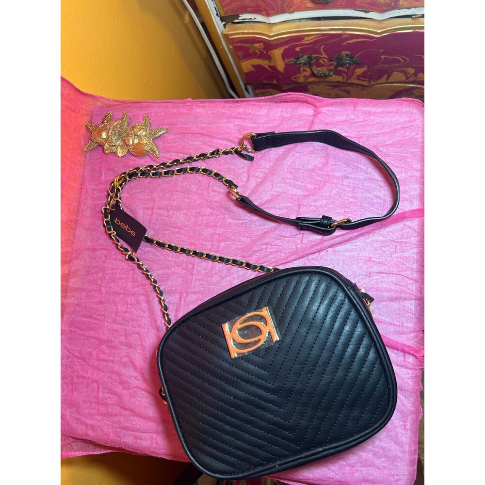 bebe Black Crossbody Bag with Black and Gold Chain Adjustable